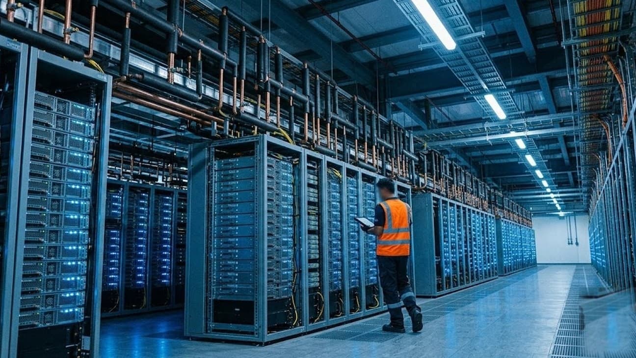 A wide editorial photograph of a high-density data centre server corridor with exposed liquid-cooling manifolds and copper pipes under cool blue LED status lights, a technician in a hi-vis vest seen from behind mid-stride down the aisle checking a tablet, no legible text or logos.