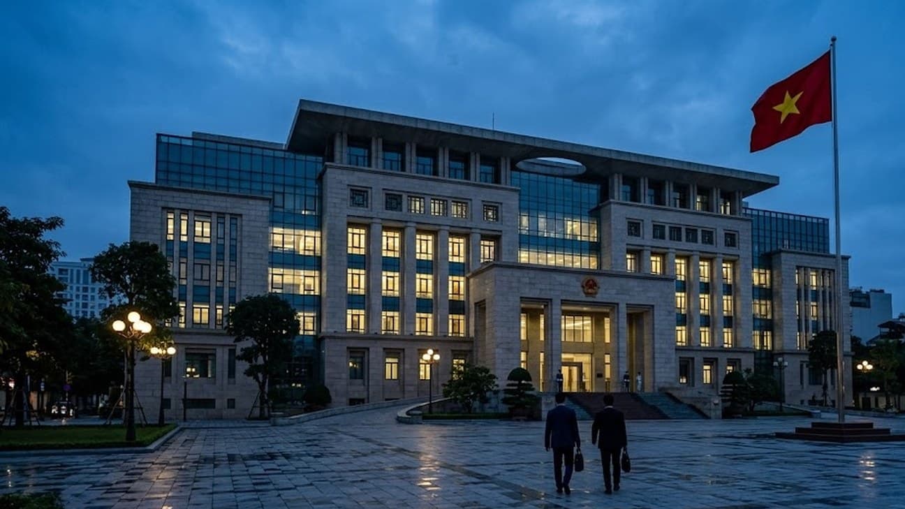 A wide editorial photograph of an institutional government building facade in Hanoi at pre-dawn blue hour, with a couple of anonymous office workers crossing the forecourt, small in frame relative to the building, no legible text or logos.