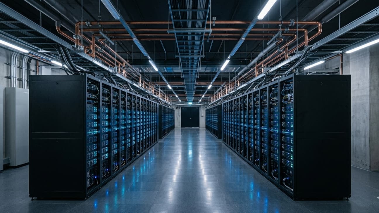 Editorial photograph of a high-density data centre corridor: rows of dark server racks with exposed copper liquid-cooling manifolds running overhead, cool blue LED status lights reflecting off the polished floor, no people in frame.