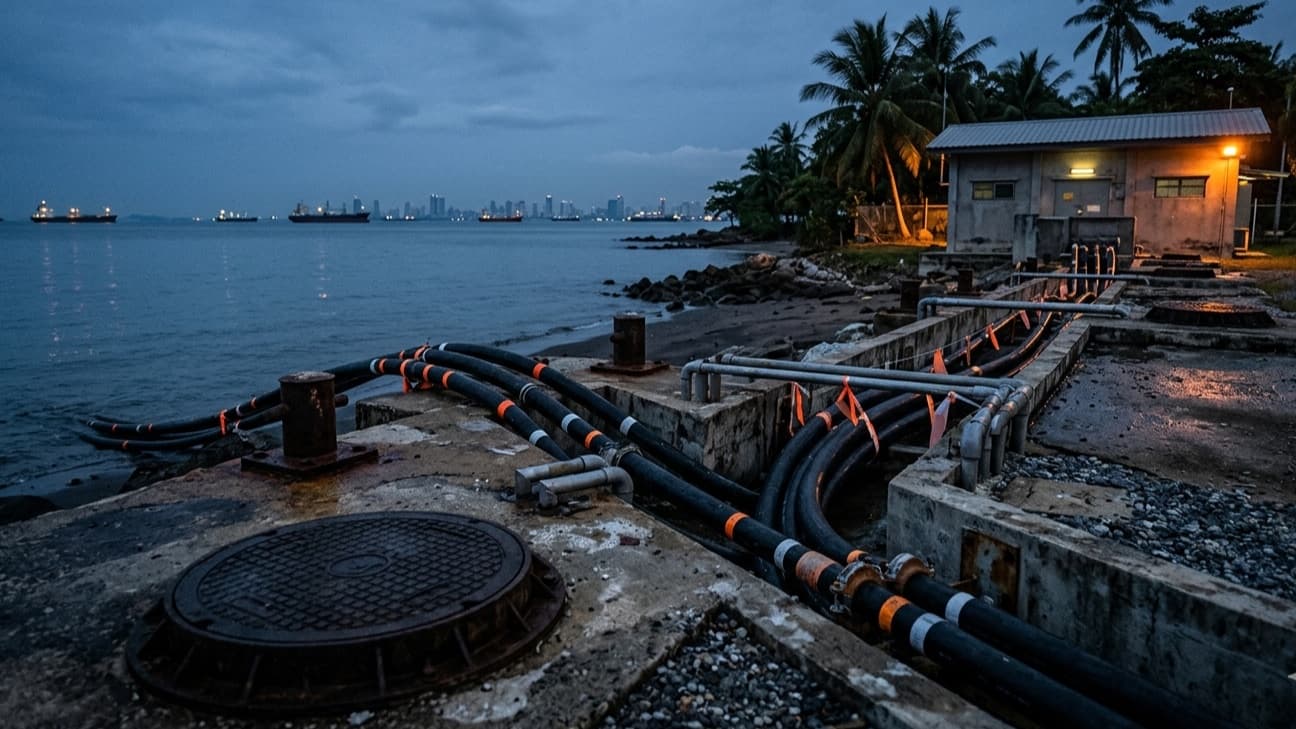 Editorial photograph at pre-dawn blue hour of a coastal submarine-cable landing station on a tropical Southeast Asian shoreline, with armoured subsea cables and a manhole cover in the concrete foreground running toward a small shore facility, anchored cargo vessels on a calm sea and the faint silhouette of a distant city skyline beyond, no people in frame.