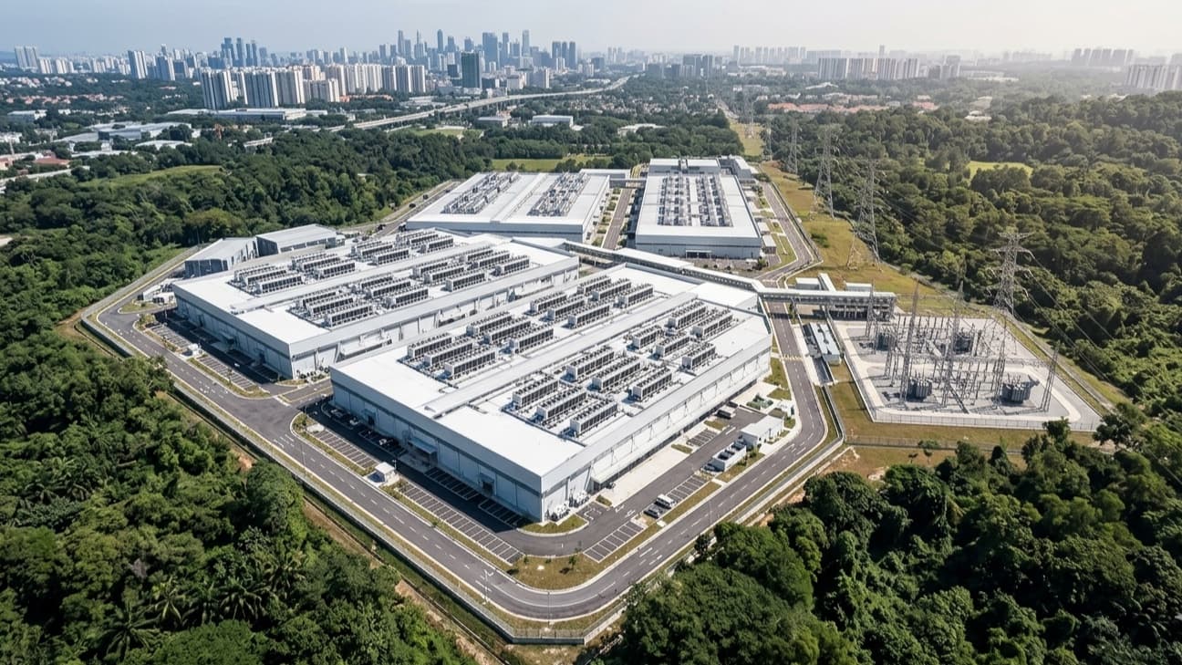Aerial editorial photograph of a large hyperscale data-centre campus on the outskirts of a tropical Southeast Asian city, with long parallel white-roofed server halls and rooftop cooling units, an electrical substation and transmission lines on the right edge, dense green vegetation surrounding the site, and a distant city skyline on the horizon under hard equatorial midday light, no people in frame.