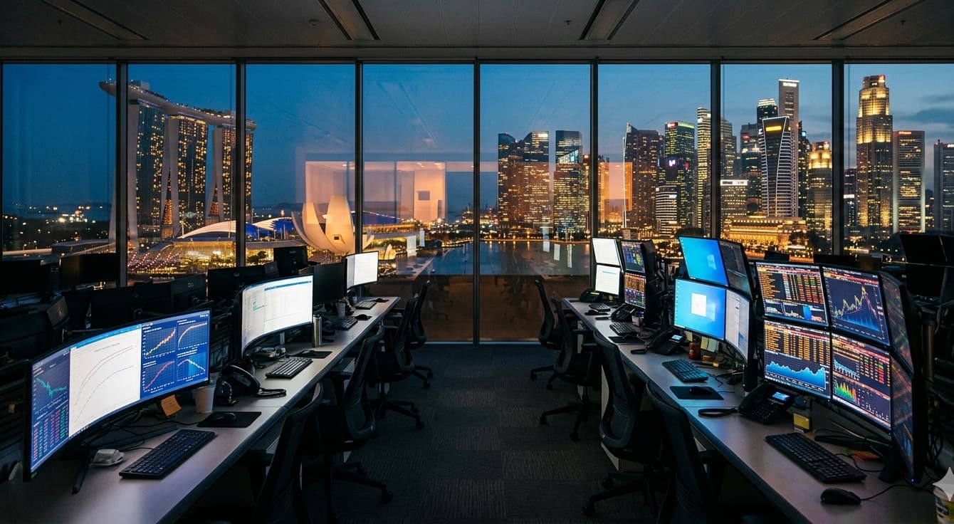 Editorial photograph of an empty institutional trading floor in Singapore at dusk, with rows of multi-monitor terminals facing a tall glass wall that frames the Marina Bay financial district skyline lit gold and blue at twilight.