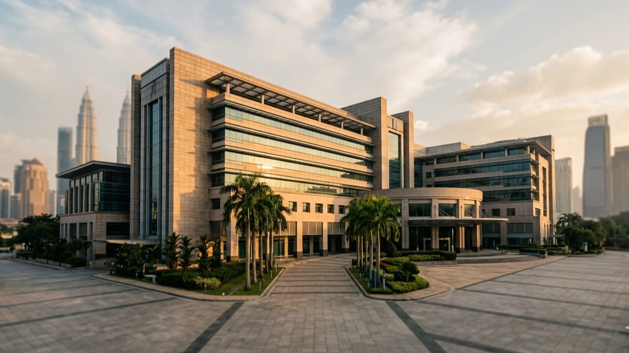 Editorial photograph of the Securities Commission Malaysia headquarters in Kuala Lumpur at golden hour, with its stone facade catching warm light and an empty forecourt in the foreground.