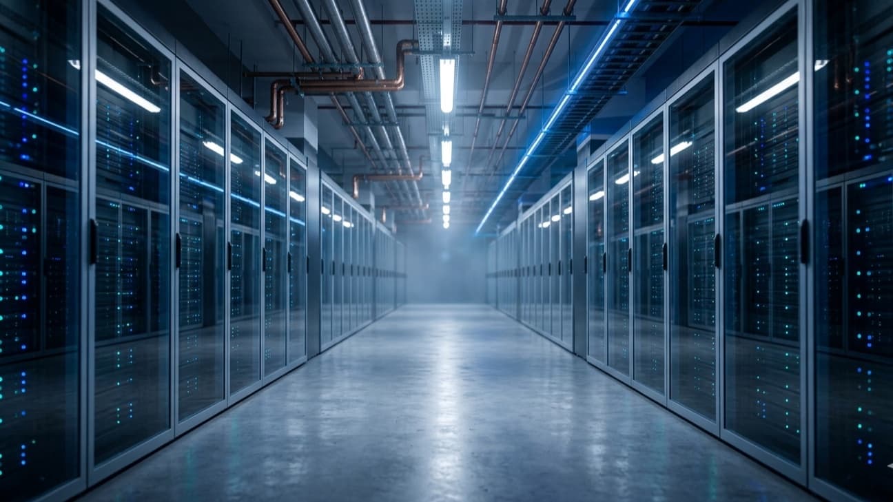 Editorial photograph looking down the central aisle of a modern hyperscale AI data centre, with rows of glass-fronted server racks lit by blue and teal status LEDs, exposed copper liquid-cooling pipes overhead, and a polished concrete floor receding to a hazy vanishing point under cool blue lighting.