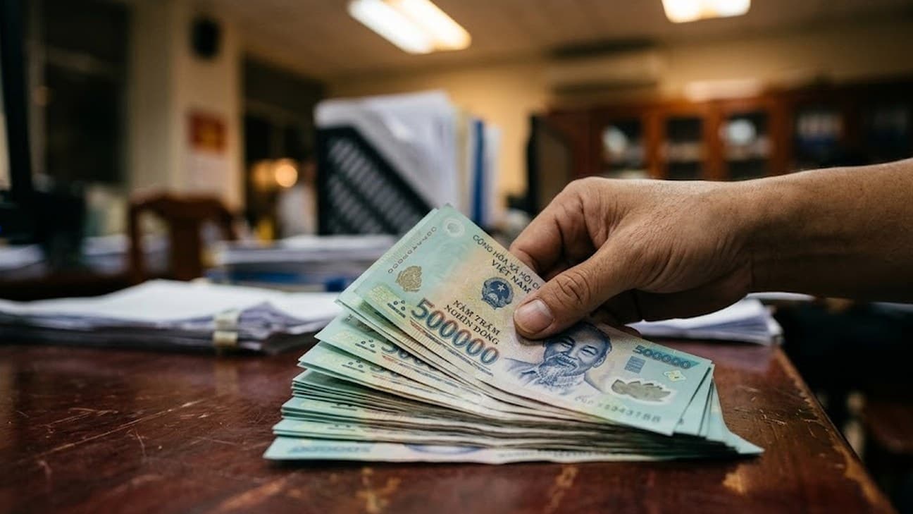 Photorealistic close-up photograph of fanned Vietnamese dong banknotes on a dark wooden desk under warm fluorescent office lighting, with a single anonymous hand entering the frame to stack the notes, shallow depth of field, face not in shot.