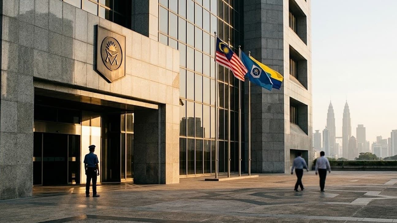 Photorealistic exterior photograph of a central bank headquarters building in Kuala Lumpur at golden hour, an anonymous security guard standing at the entrance and two office workers crossing the forecourt, with the city skyline visible in the background.