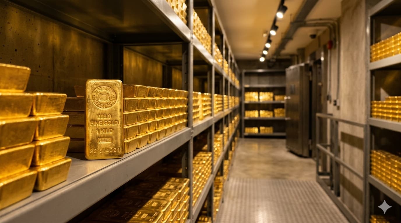 Gold bullion bars stacked on vault shelves under warm golden lighting in a Singapore bank vault