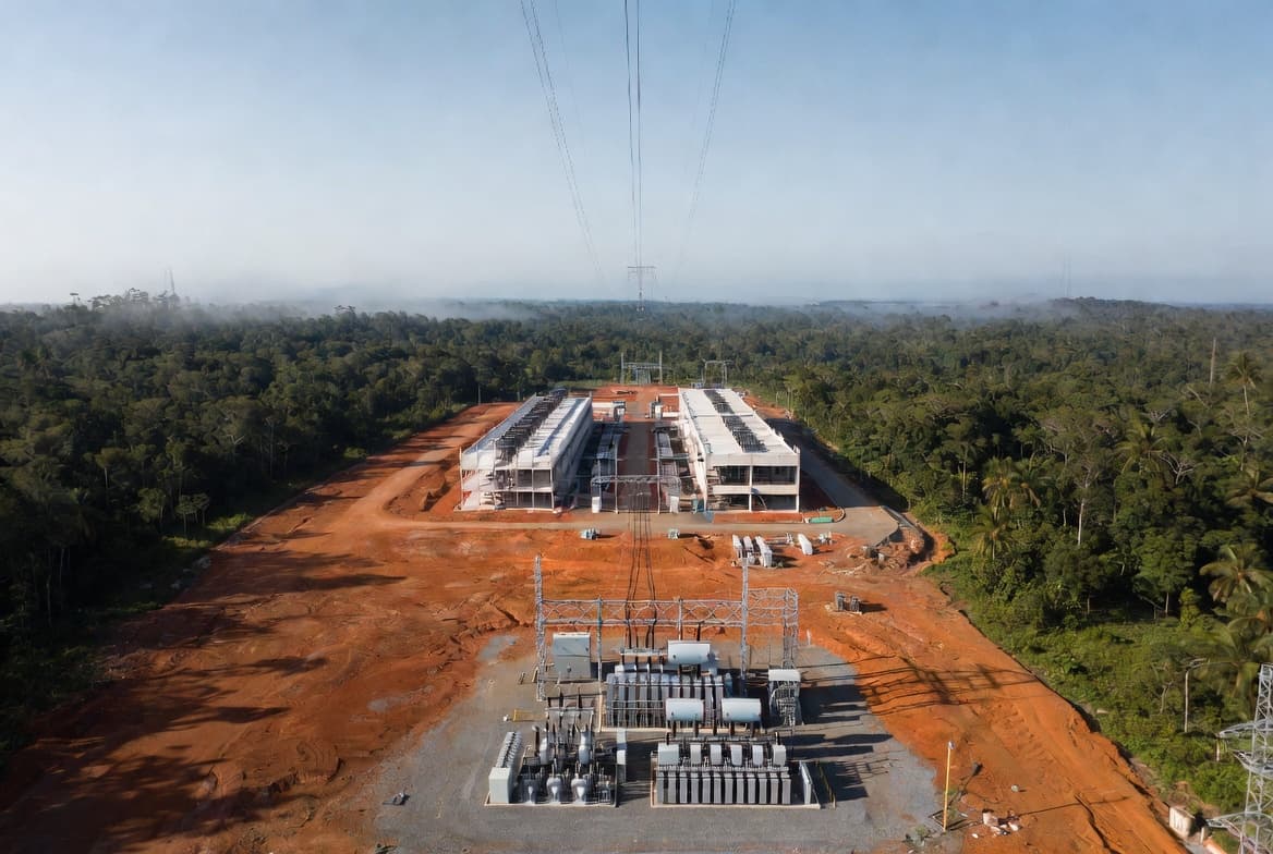 Aerial view of a newly built AI data centre campus on cleared red Sarawak earth, with a high-voltage substation in the foreground, two long server hall buildings in the middle distance, and tropical rainforest meeting the cleared site at every edge