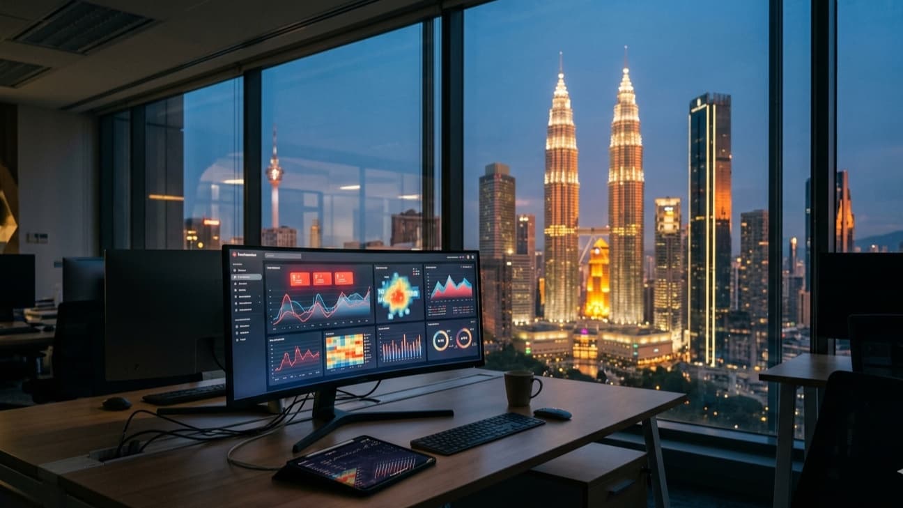 A modern Malaysian bank operations centre in Kuala Lumpur at dusk: a curved monitor on a clean desk displays an abstract credit-fraud detection dashboard with red alert badges and line graphs, while the illuminated Petronas Twin Towers and the Kuala Lumpur skyline glow through floor-to-ceiling windows behind the desk.