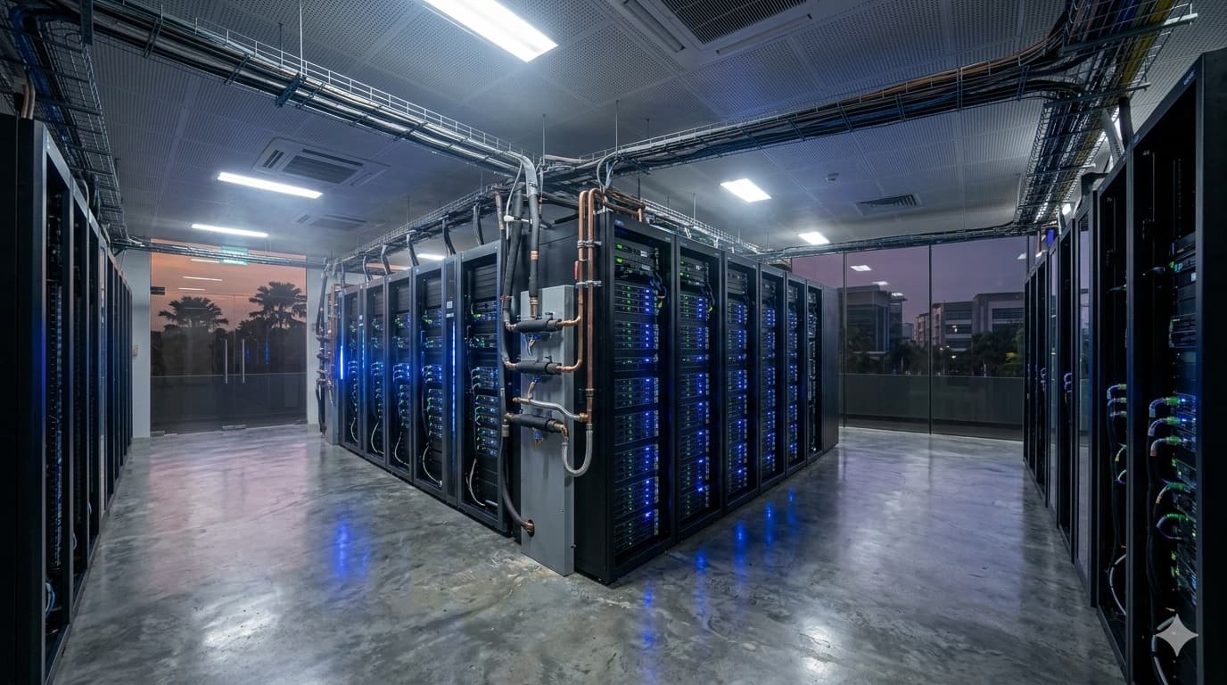 Interior corridor of an AI data centre at dusk — twin rows of high-density server cabinets with blue status LEDs, exposed liquid cooling manifolds and copper piping overhead, polished concrete floor, with a glass partition at the end revealing palm trees and Cyberjaya office towers silhouetted against a violet-amber tropical sky