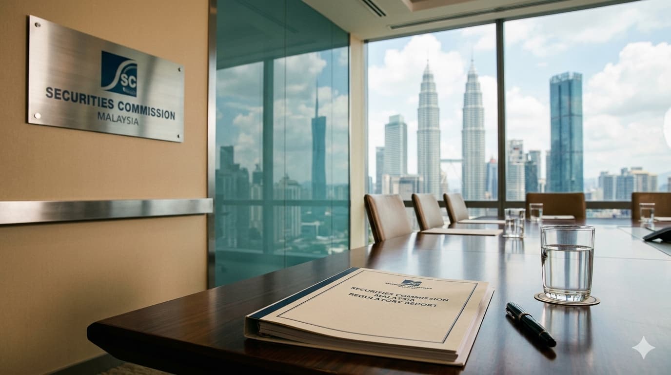 A boardroom in a Kuala Lumpur office tower with a brushed-steel Securities Commission Malaysia plaque on the wall and the KLCC skyline visible through floor-to-ceiling glass.