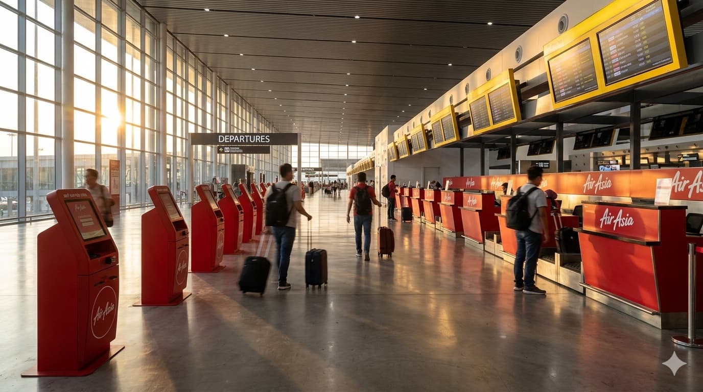 A passenger walks across an AirAsia-branded boarding gate at Kuala Lumpur International Airport at dawn, with departure boards glowing in the background.