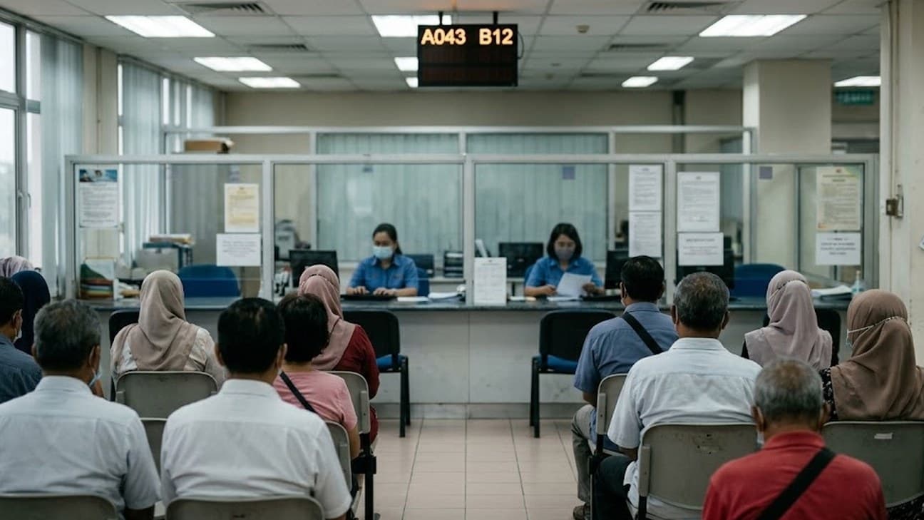 Photorealistic editorial photograph of a government public-service hall in Malaysia, seated members of the public seen from behind facing a row of glass-fronted service counters where two masked clerks work at computers, under fluorescent ceiling lights.
