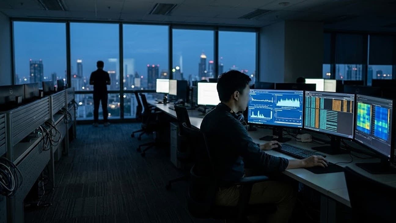 Photorealistic photograph of a digital-asset compliance and transaction-monitoring floor in a Bangkok office at pre-dawn blue hour, an anonymous analyst reviewing multi-monitor data screens in the foreground while a second anonymous figure stands silhouetted at the window overlooking the skyline.