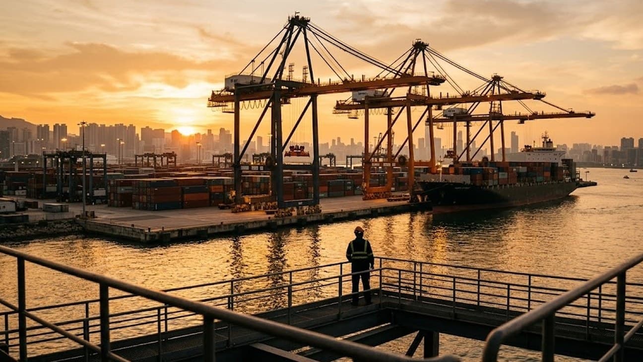 Wide editorial photograph of a container port terminal at golden hour with cranes over a bulk shipping berth, a dock worker in silhouette small against the sky, warm light reflecting off the water.