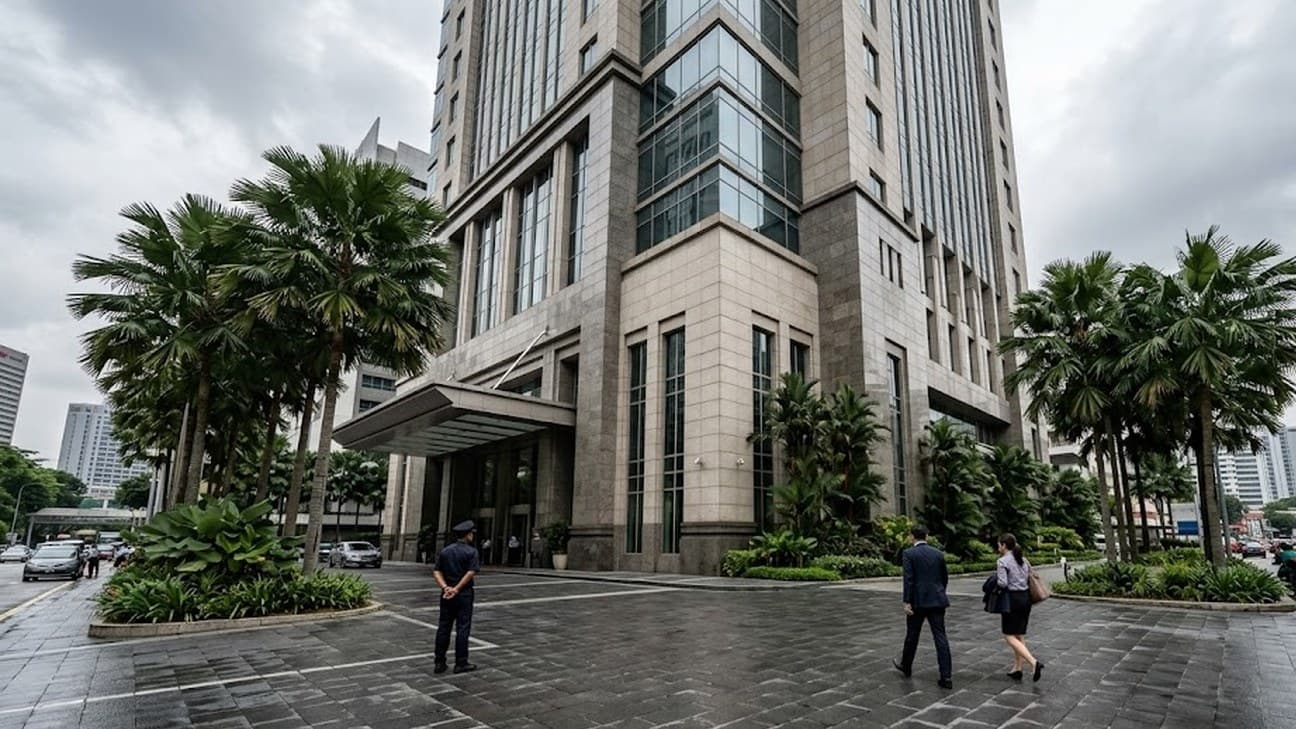 Wide editorial photograph of a corporate banking headquarters tower in Kuala Lumpur photographed from street level under overcast equatorial midday light, a security guard and two office workers crossing the forecourt small in frame against the building.