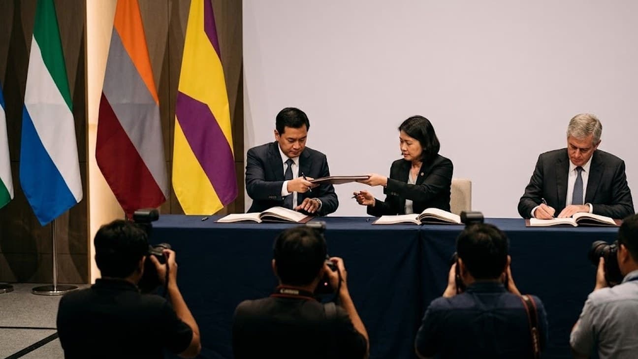 Wide editorial photograph of a formal signing ceremony in a conference room, ranked national flags to the left as three officials at a long table exchange and sign bound document folders, photographed from behind a row of press photographers raising their cameras toward the table.