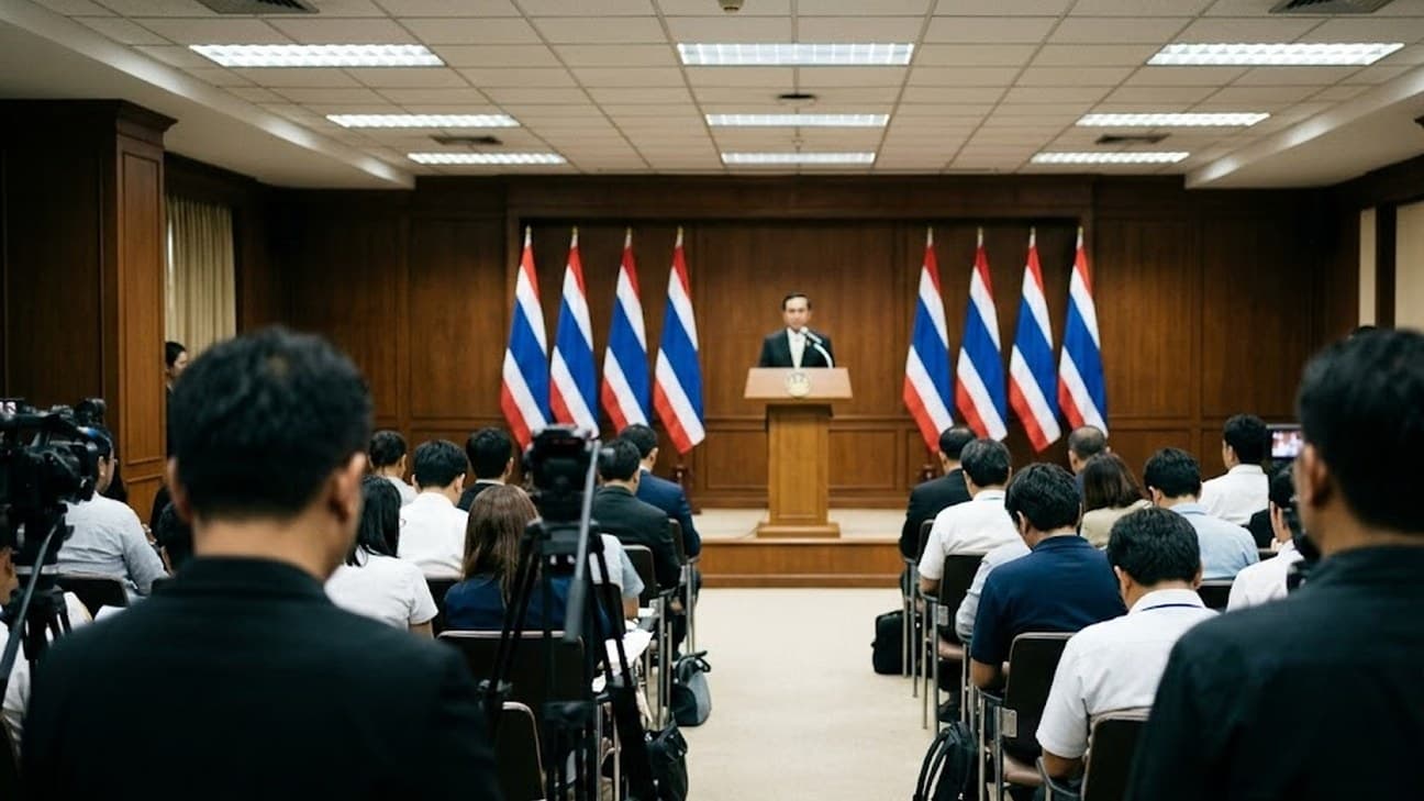 Wide editorial photograph of a government press conference in Bangkok seen from the back of the room over rows of seated journalists, an official standing at an institutional lectern facing the assembled press, with ranked Thai national flags behind, under even indoor lighting.
