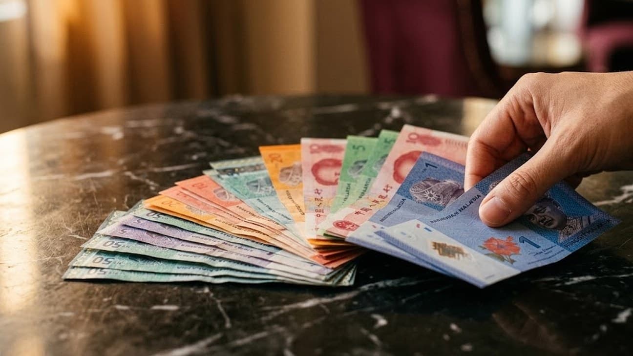 Close-up editorial photograph of Malaysian ringgit and Chinese renminbi banknotes fanned across a dark marble surface under warm directional light, a single hand entering the frame to separate the two currencies, shallow depth of field.