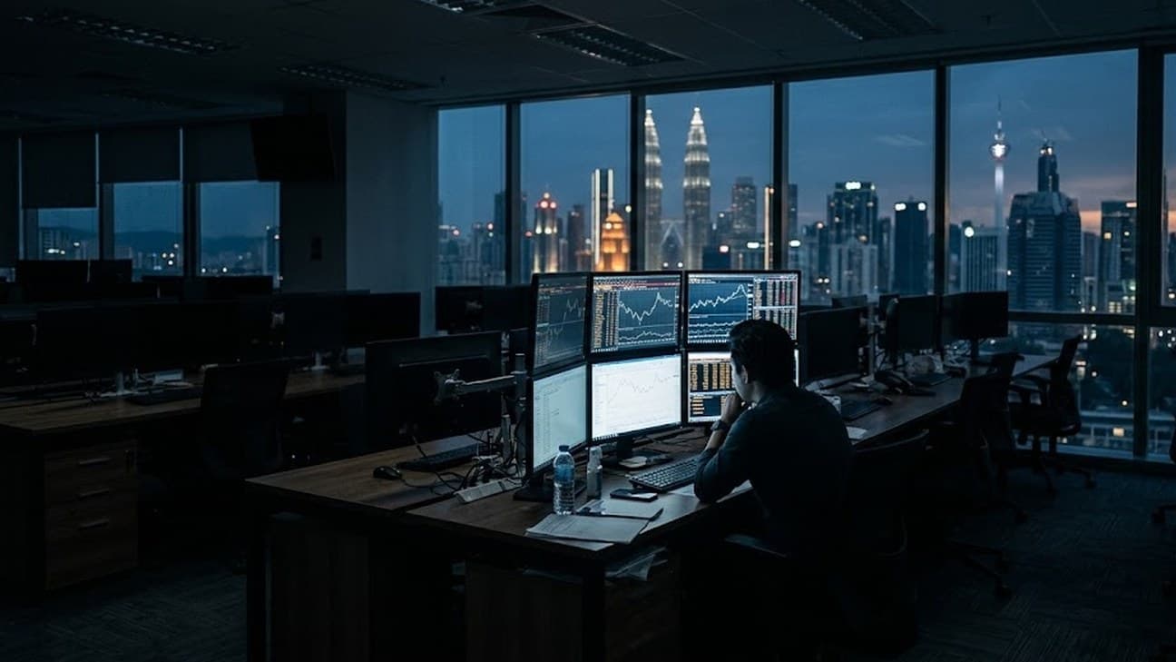 Wide editorial photograph of a dark financial trading floor before dawn, a lone analyst seen from behind at a bank of monitors showing data dashboards and line charts, the Kuala Lumpur skyline including the Petronas Towers visible through floor-to-ceiling windows in pre-dawn blue-hour light.