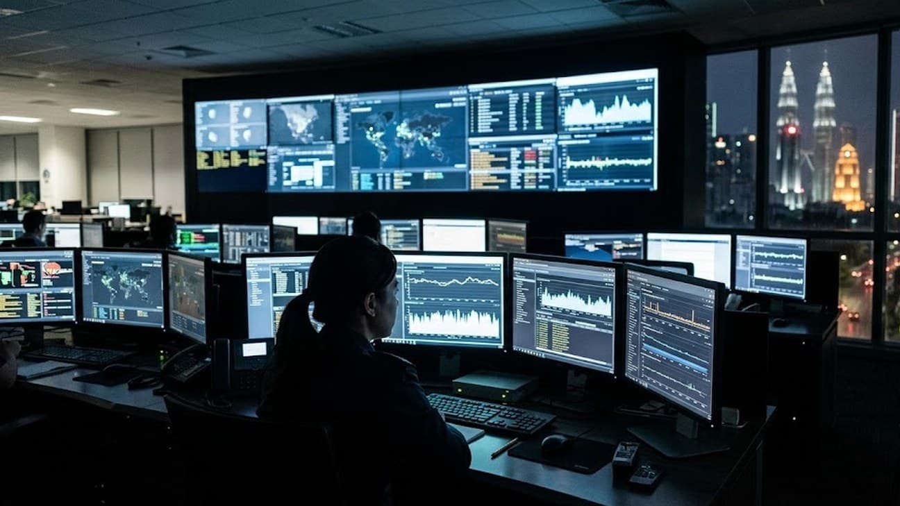 Wide editorial photograph of a bank security operations centre at night in Kuala Lumpur, rows of dark monitors glowing blue-white with data dashboards, a single analyst seen from behind and in silhouette reviewing the screens, the illuminated Petronas Towers skyline visible through floor-to-ceiling windows.