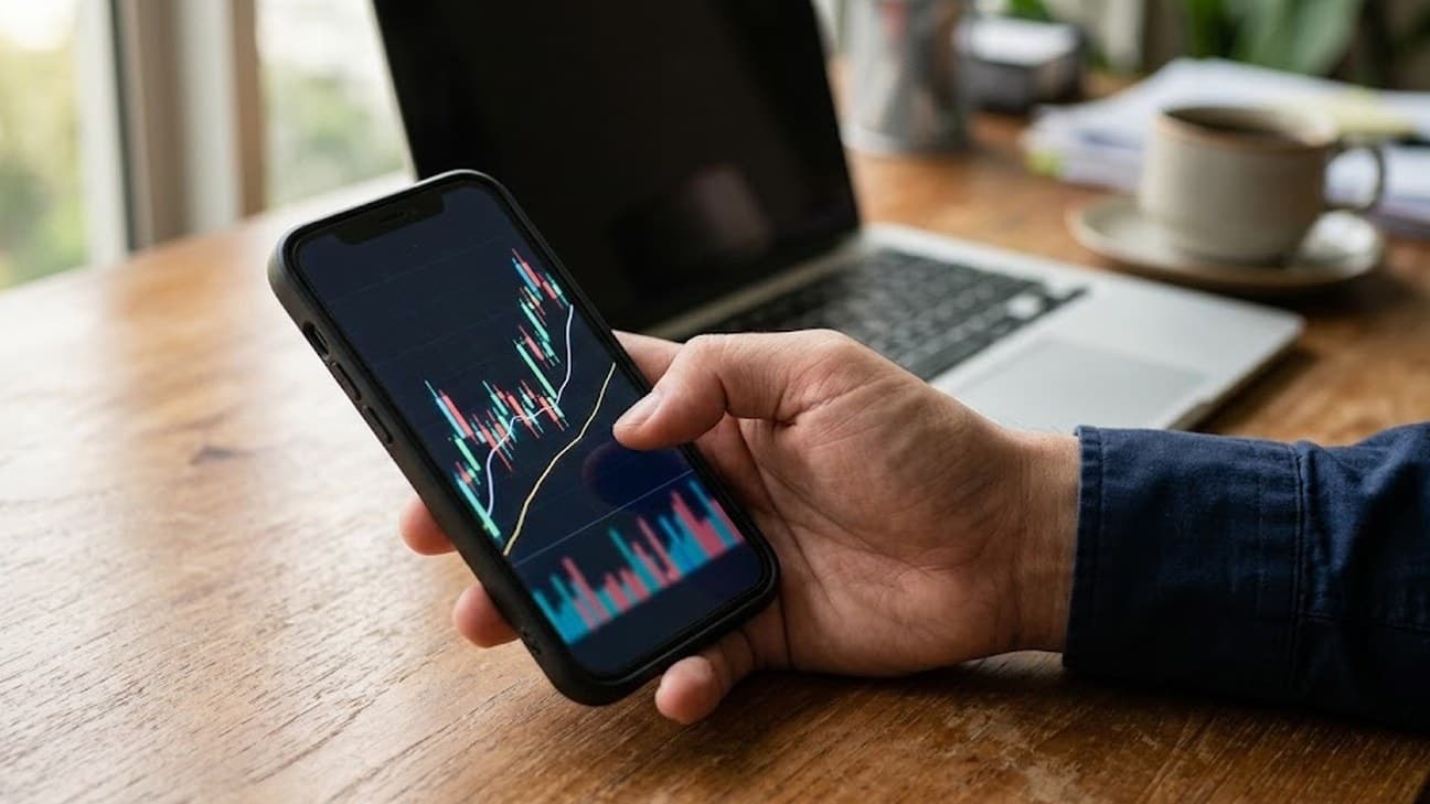 Close-up editorial photograph of a hand holding a smartphone displaying an abstract financial chart interface, resting on a wooden desk beside a blurred laptop and a cup of coffee, soft warm midday window light, shallow depth of field.