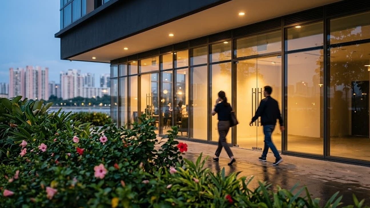 Editorial photograph at dusk of the glass-fronted ground floor of a modern low-rise building in a Southeast Asian waterfront development, warm interior light spilling onto a rain-slicked walkway, two anonymous figures walking past with their backs to the camera, tropical foliage in the foreground, and pastel-toned high-rise towers softly visible across the water in the background.