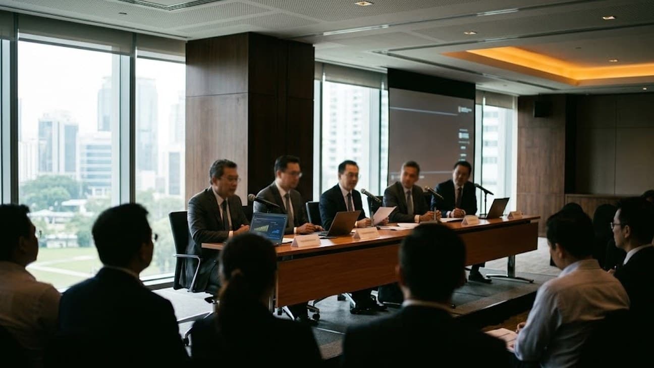 Editorial photograph of a banking CxO roundtable inside a modern Kuala Lumpur conference room, five executives seated behind a long table with microphones and open laptops, facing a row of seated attendees in the foreground seen from behind in silhouette, floor-to-ceiling windows behind the panel showing a hazy daylight view of the city skyline.