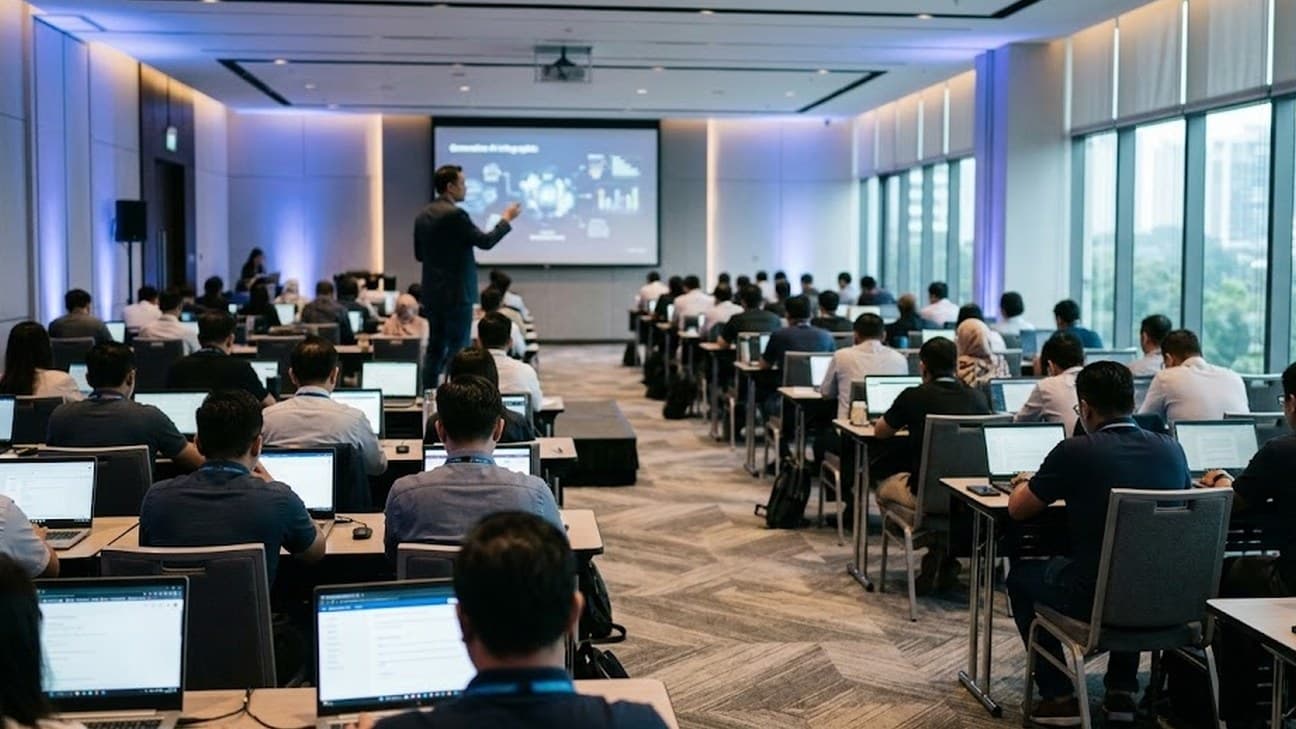 Editorial photograph of a Kuala Lumpur AI upskilling event hall, rows of participants at laptops seen from behind working through training modules, an instructor at the front of the room facing the audience beside a large display screen, soft daylight through tall windows.
