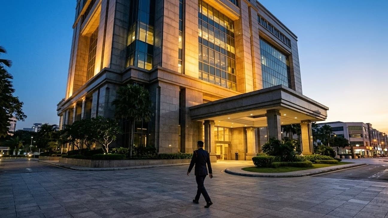 Wide-angle editorial photograph of a central bank headquarters building exterior at pre-dawn blue hour, warm floodlit stone-and-glass facade against a deep cobalt sky, a lone security guard in silhouette crossing the forecourt, small in frame against the building.