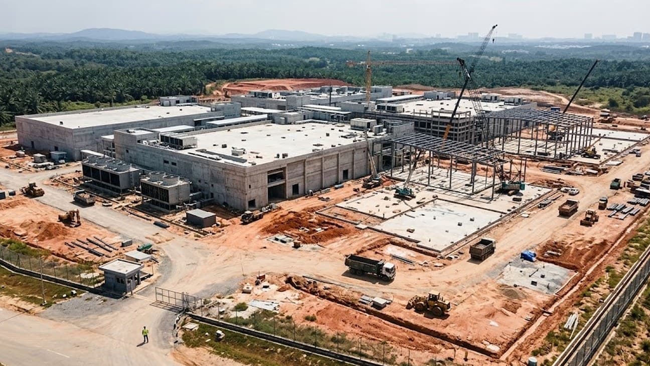 Aerial editorial photograph of a hyperscale data-centre campus under construction in Johor, Malaysia, with crane rigs and steel framing over server-hall rooftops at hard equatorial midday, a security perimeter fence and gatehouse visible along the site boundary, a lone hi-vis construction worker small in frame near the entrance.