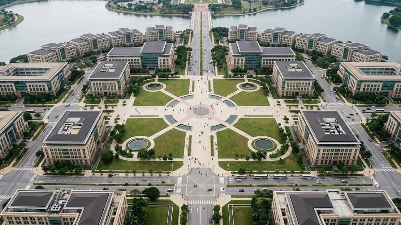 Directly overhead aerial editorial photograph of Putrajaya, Malaysia's government administrative precinct, showing the symmetric grid of boulevards and low-rise government office buildings around a central plaza, tiny anonymous pedestrians crossing far below, under soft overcast midday light with a lake visible at the frame's edge.