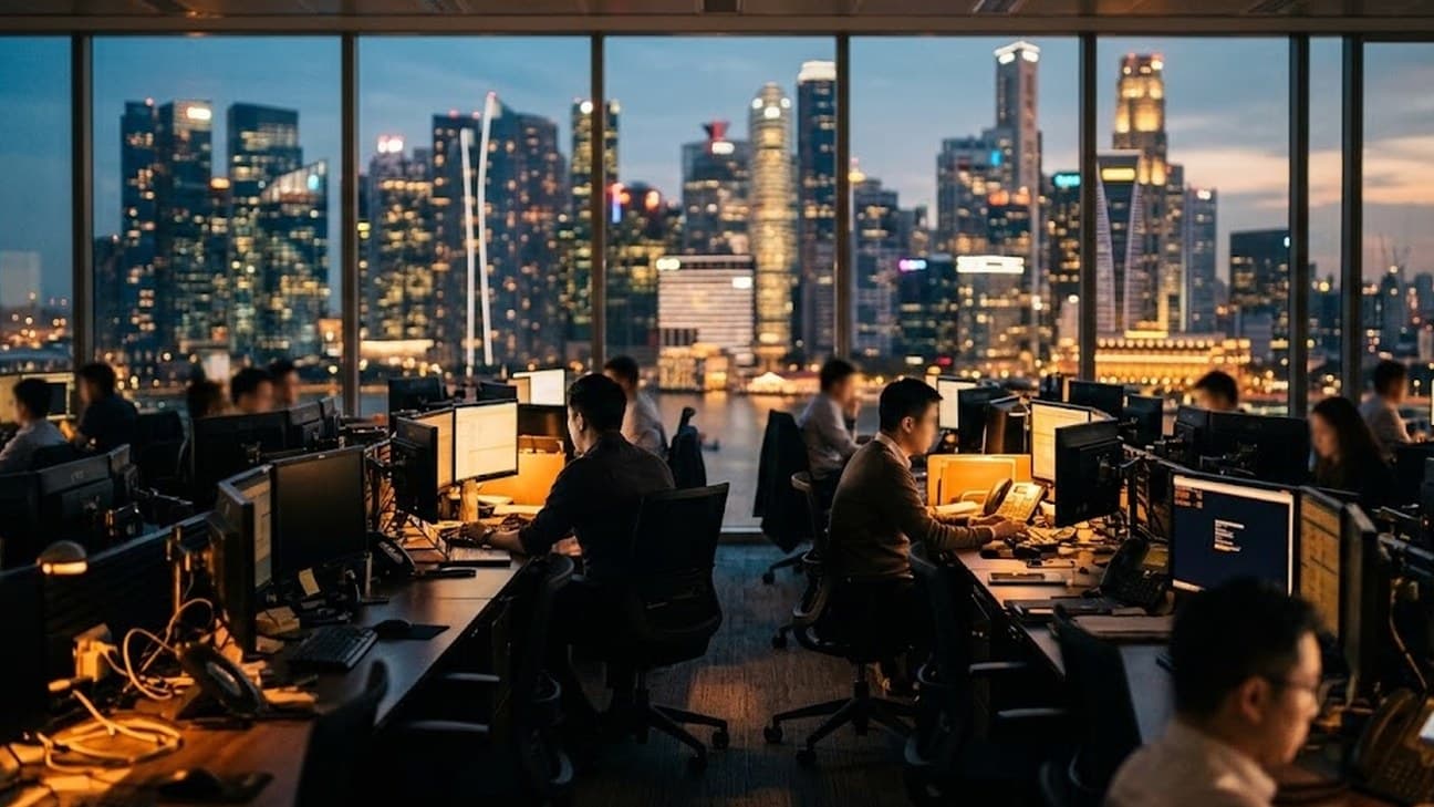 Photorealistic editorial photograph of a Singapore bank trading and operations floor at dusk, rows of dark monitors glowing amber, two analysts seen from behind in soft focus at their desks, city skyline visible through floor-to-ceiling windows.
