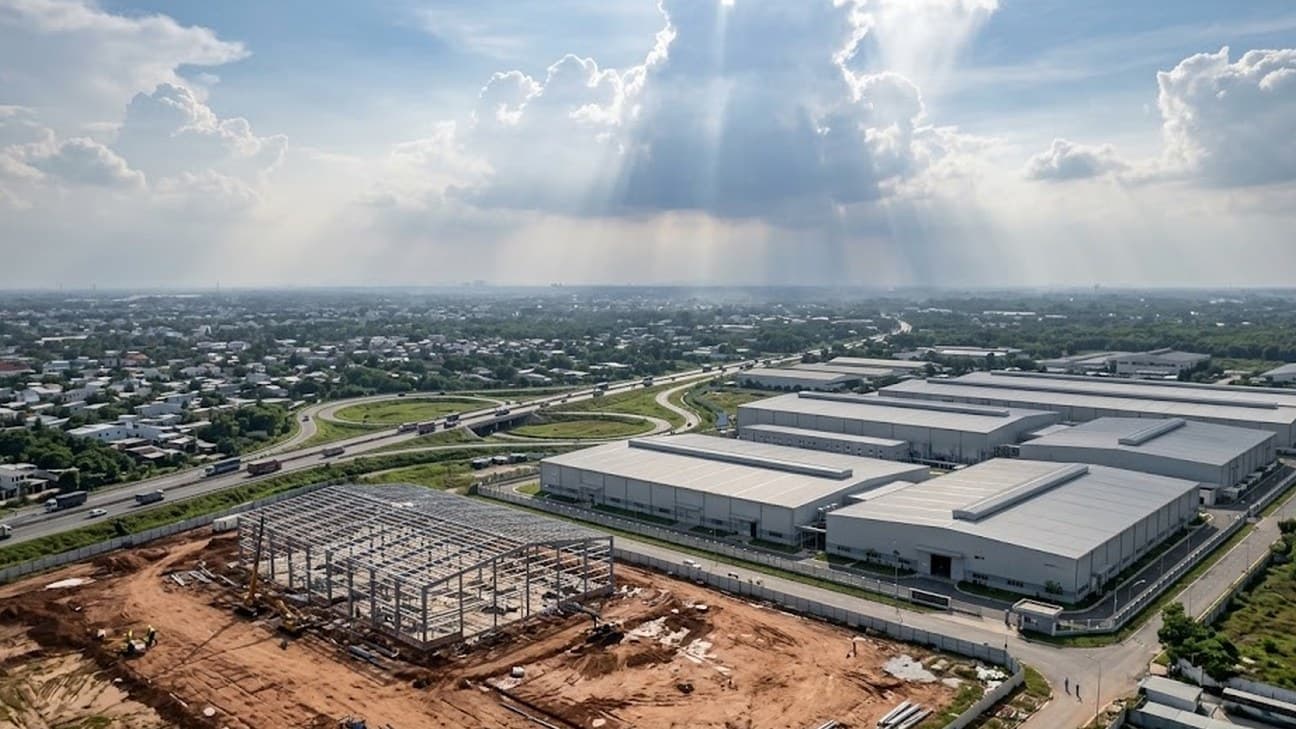 Aerial photorealistic photograph of a hyperscale data centre and industrial park under construction on the outskirts of Ho Chi Minh City, Vietnam, with a steel building frame, warehouses, a highway interchange and dramatic sunbeams breaking through clouds.
