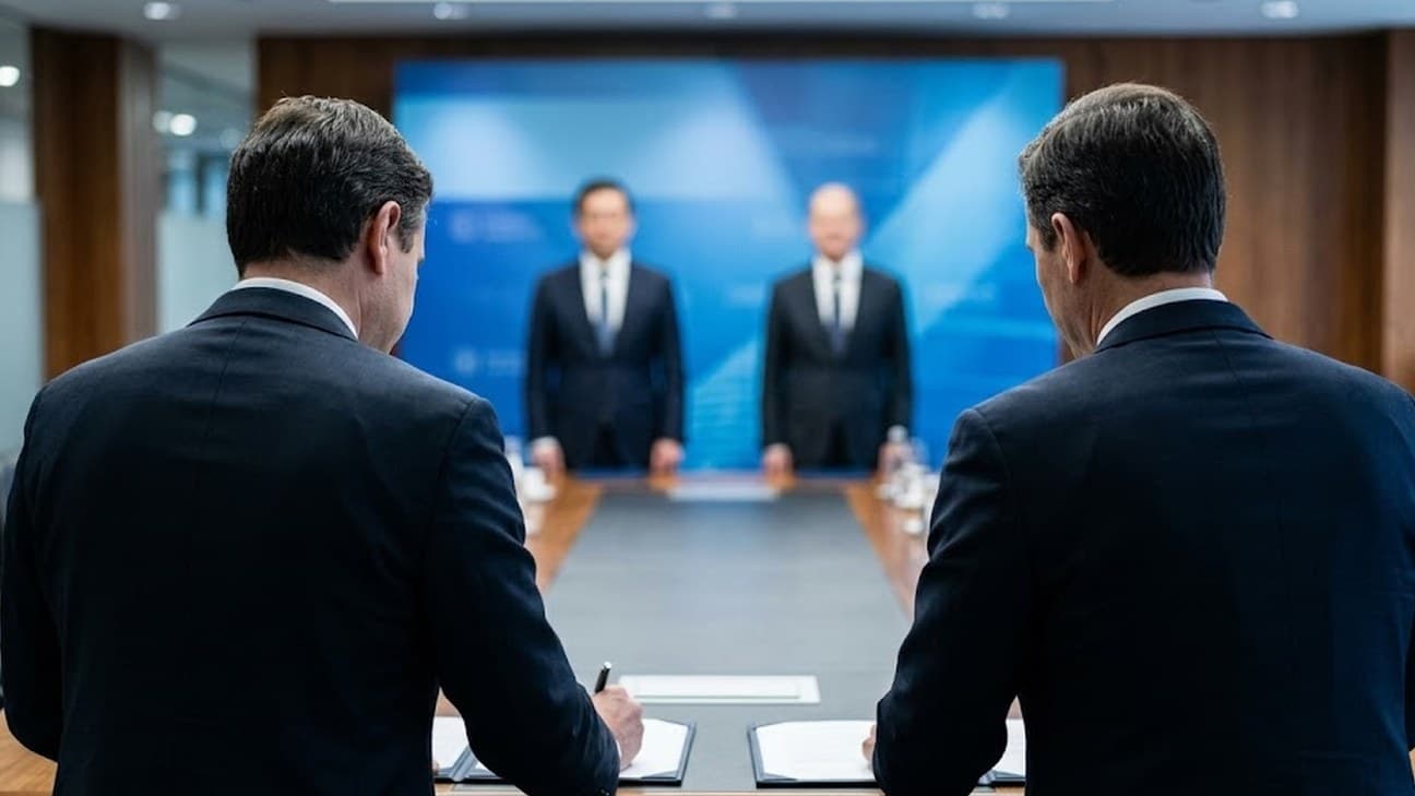 Photorealistic photograph of two anonymous business executives seen from behind, signing documents at a conference table during a formal bilateral banking signing ceremony, facing two more executives across the table in front of a blue corporate backdrop.