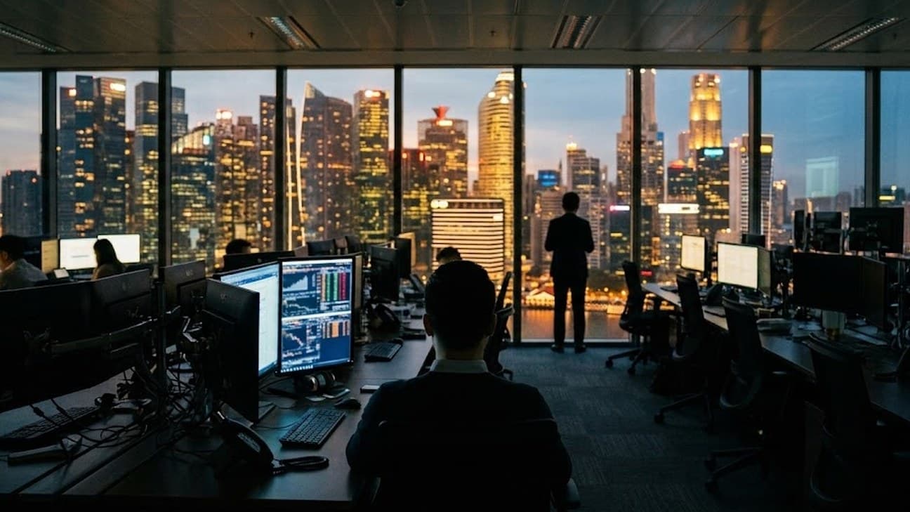 Photorealistic photograph of an anonymous trading floor at dusk in a Singapore financial district office tower, an analyst seen from directly behind at a multi-monitor desk and a second anonymous figure standing with their back to the camera against a glass window overlooking the skyline.