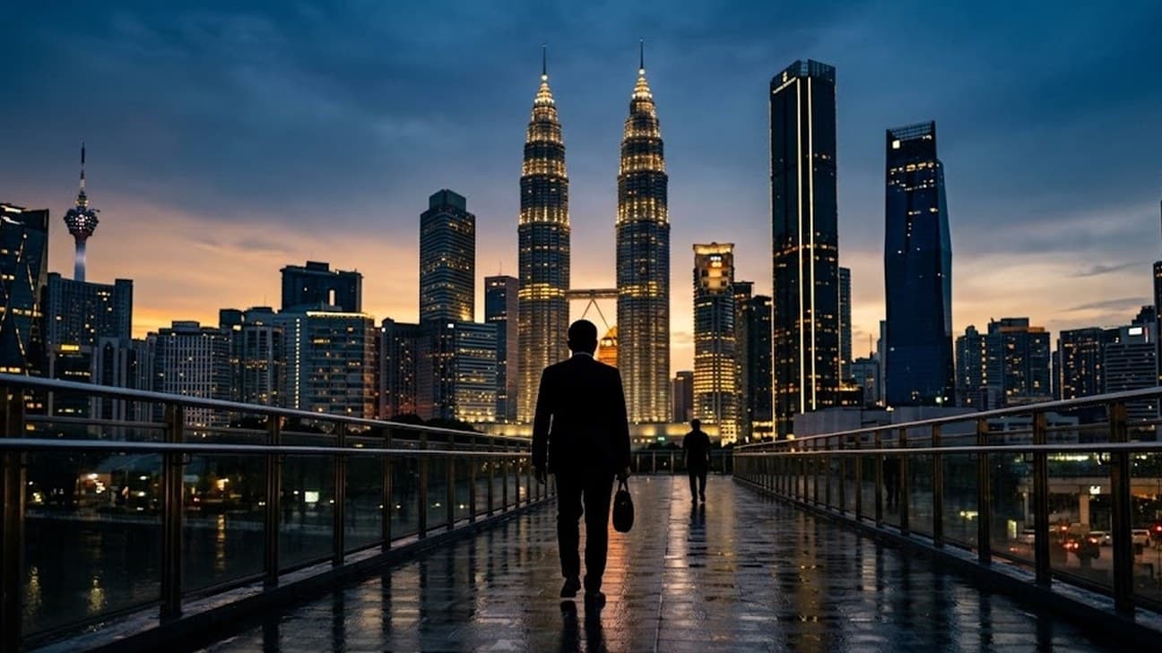 Photorealistic photograph of an anonymous businessperson in silhouette, seen from behind, walking across a rain-slicked pedestrian bridge toward the Petronas Twin Towers and Kuala Lumpur's skyline at dusk.