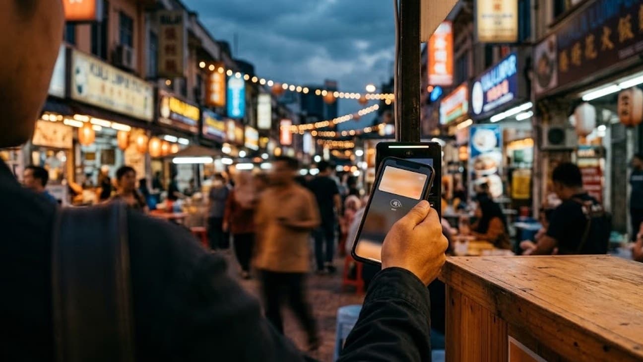 Photorealistic photograph of an anonymous person in silhouette holding a smartphone, seen from behind and over the shoulder with the phone screen unreadable, standing in a busy Kuala Lumpur street at dusk with illuminated shopfronts blurred in the background.