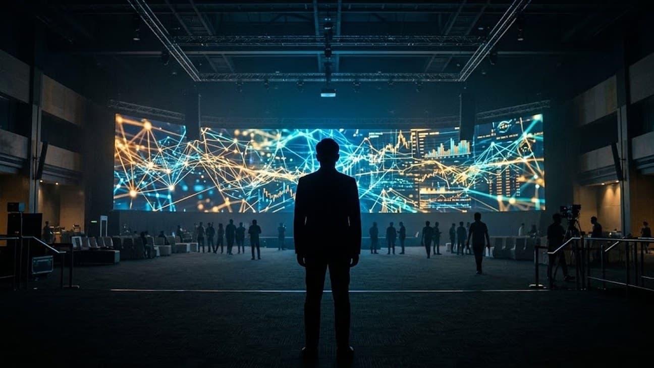 Photorealistic photograph of an anonymous person in silhouette, seen from behind, standing before a large data visualization wall displaying abstract glowing network and financial graph patterns in a dim conference hall.