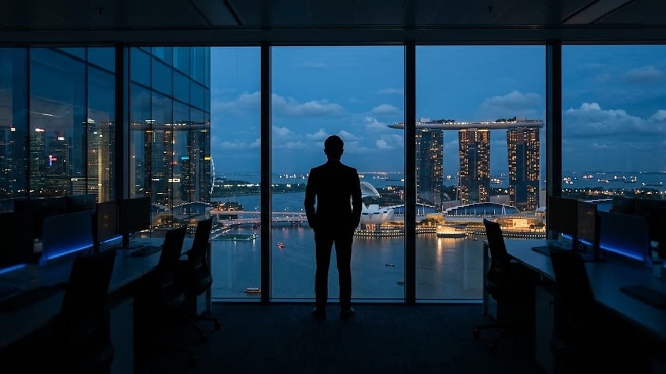 Photorealistic photograph of an anonymous businessperson in silhouette, seen from behind, standing at a floor-to-ceiling window inside a Singapore bank office tower at dusk, overlooking the Marina Bay skyline with its lights beginning to glow.
