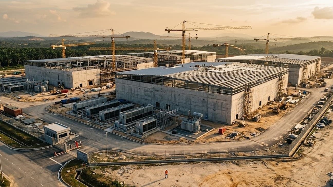 Photorealistic aerial photograph of a hyperscale data centre campus under construction in Johor, Malaysia, with cranes, cooling units, and a security perimeter fence, a construction worker in hi-vis visible in the foreground at golden hour.