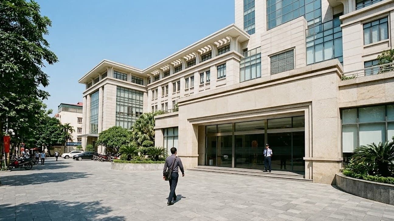Photorealistic exterior photograph of a modern institutional office building in Hanoi under hard midday sun, with an anonymous office worker crossing the forecourt toward the entrance and a security guard standing near the doors.