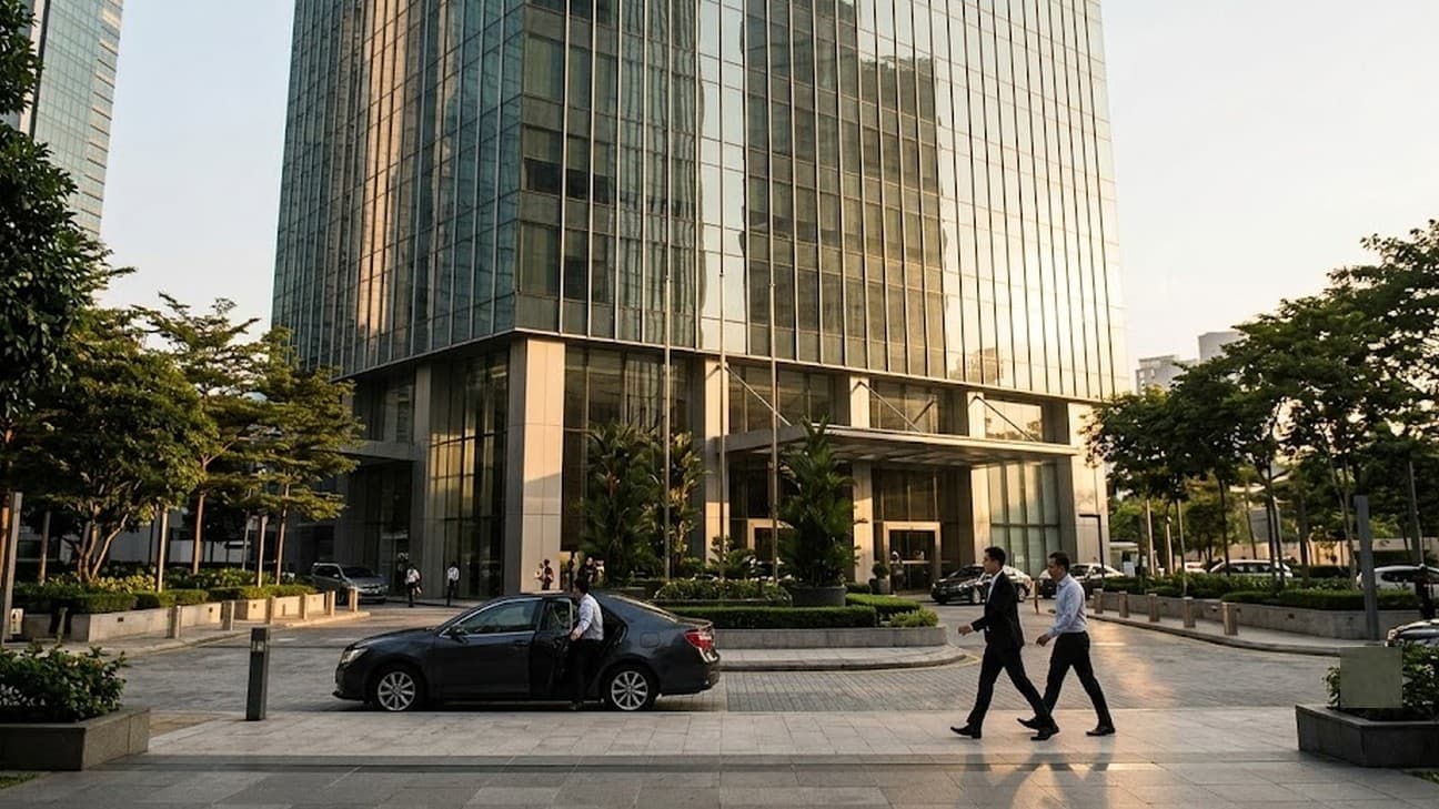 Two office workers walk briskly across the forecourt of a glass financial-district tower in Kuala Lumpur at golden hour, a car dropping off a passenger at the entrance