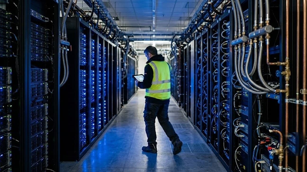 High-density server racks with exposed liquid-cooling manifolds and blue status lights in an AI data-centre corridor