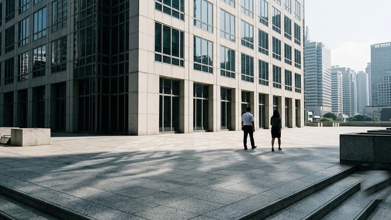 A wide editorial photograph of a central bank or financial regulator's granite forecourt in Jakarta at hard equatorial noon, sharp shadows cutting across the paving, two anonymous office workers crossing in the middle distance, hazy business-district towers behind, no legible text or logos.