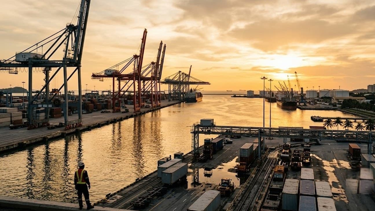 Container cranes over a bulk terminal at a Malaysian port, industrial waterfront at golden hour with water reflections