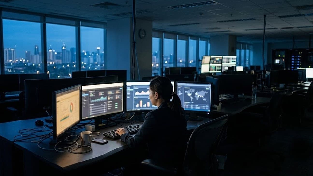 A medium editorial photograph inside a Manila central-bank data operations room at pre-dawn blue hour, rows of dark monitors displaying abstract transaction dashboards, one analyst seen from behind at a desk lit by screen glow, no legible text or logos.
