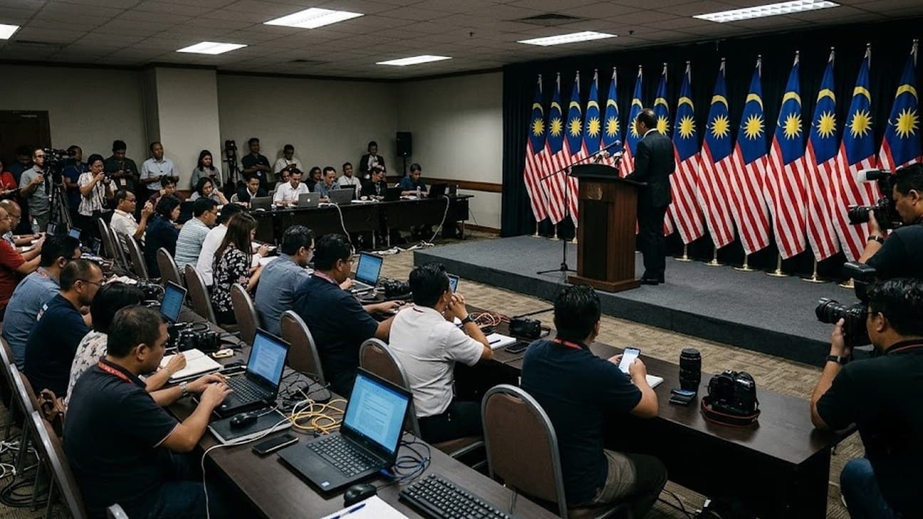 A wide editorial photograph of an institutional press-conference stage in Kuala Lumpur, a lectern backed by ranked Malaysian flags, seen from the back of the room over rows of seated press and photographers, an official at the lectern turned away from camera toward the flags, no legible text or logos.