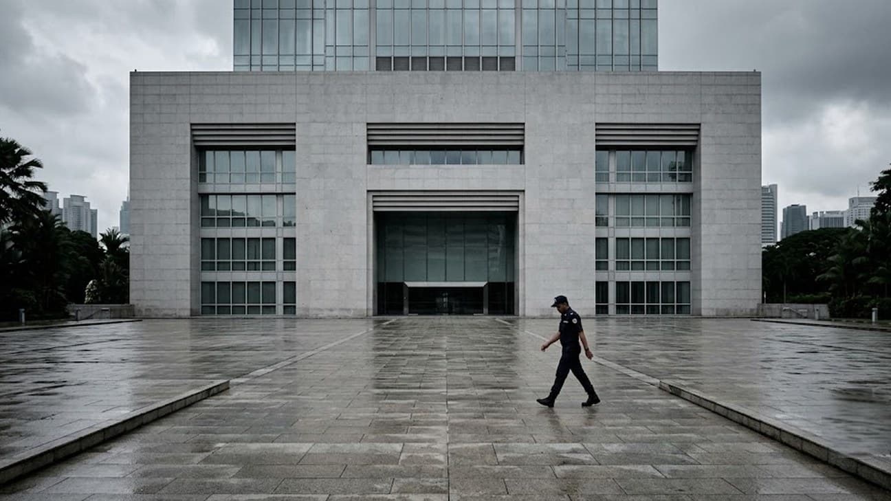 Institutional central-bank building facade with authoritative stone signage and an empty forecourt under overcast equatorial midday light