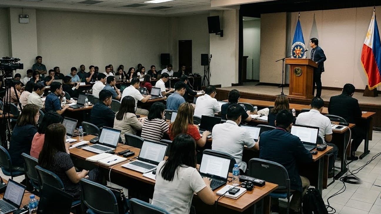 A wide editorial photograph of a Manila central-bank press briefing room seen from the back over rows of seated press with laptops and cameras, an official at a lectern on a stage turned away from camera toward the flags, no legible text or logos.